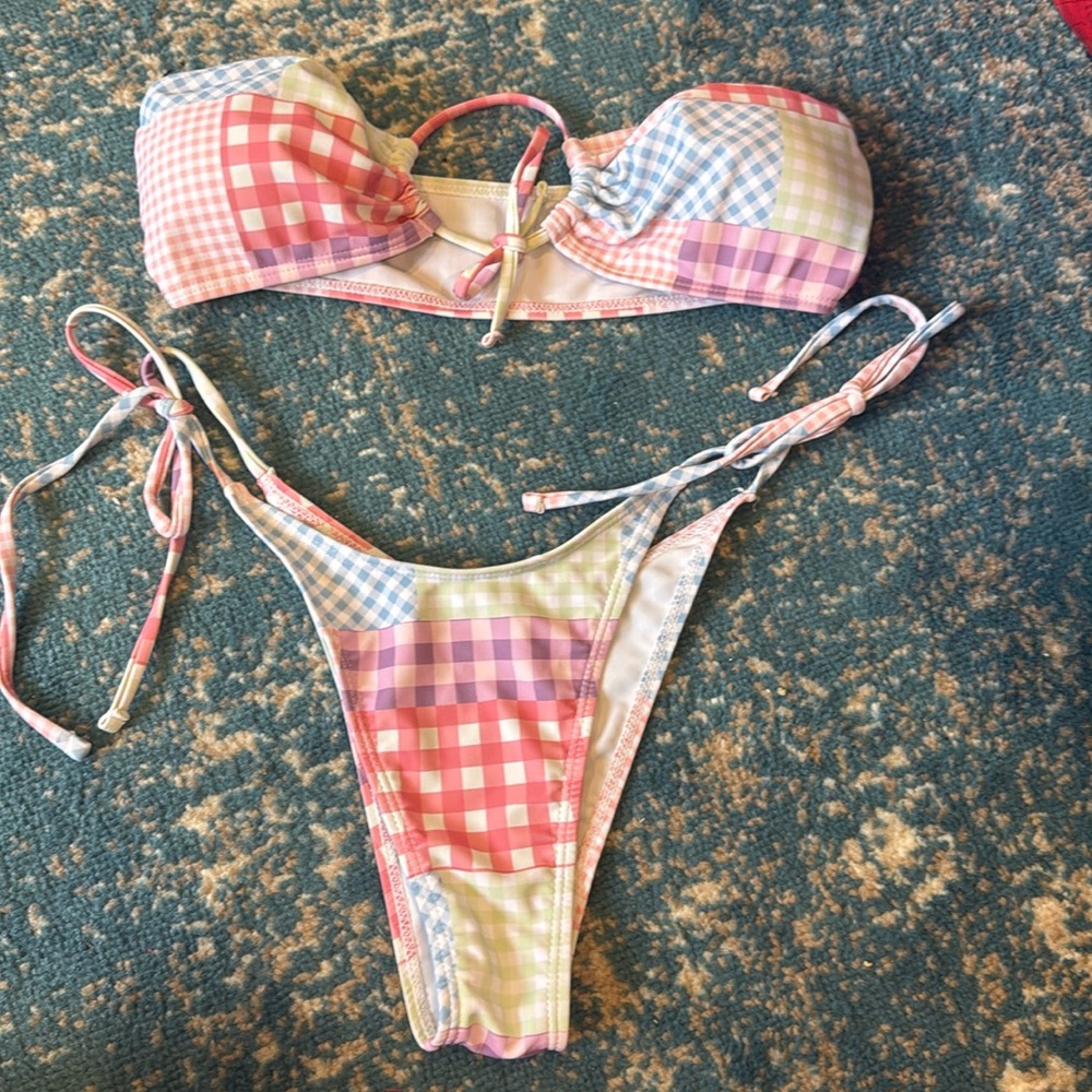 Gingham patchwork bathing suit pastels